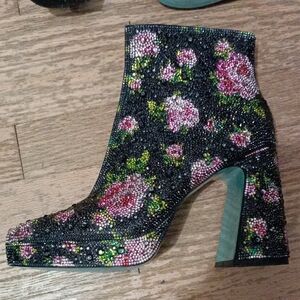 Betsey Johnson Black and Pink Heeled Boots Floral Design